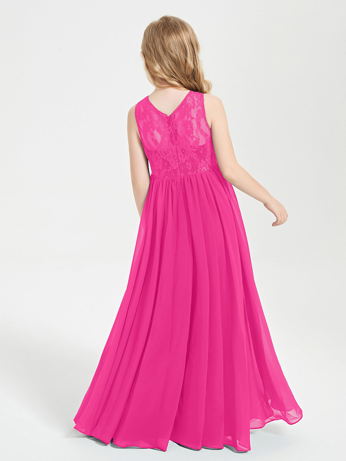 Long Junior Bridesmaid Dresses Lace Top Fuchsia